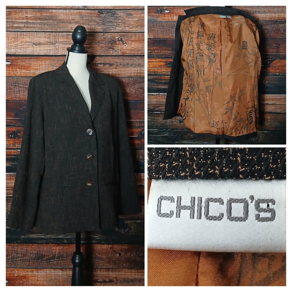 Chicos Blazer Jacket Size 2 US L Black Brown Tweed Silk Lined Button Front